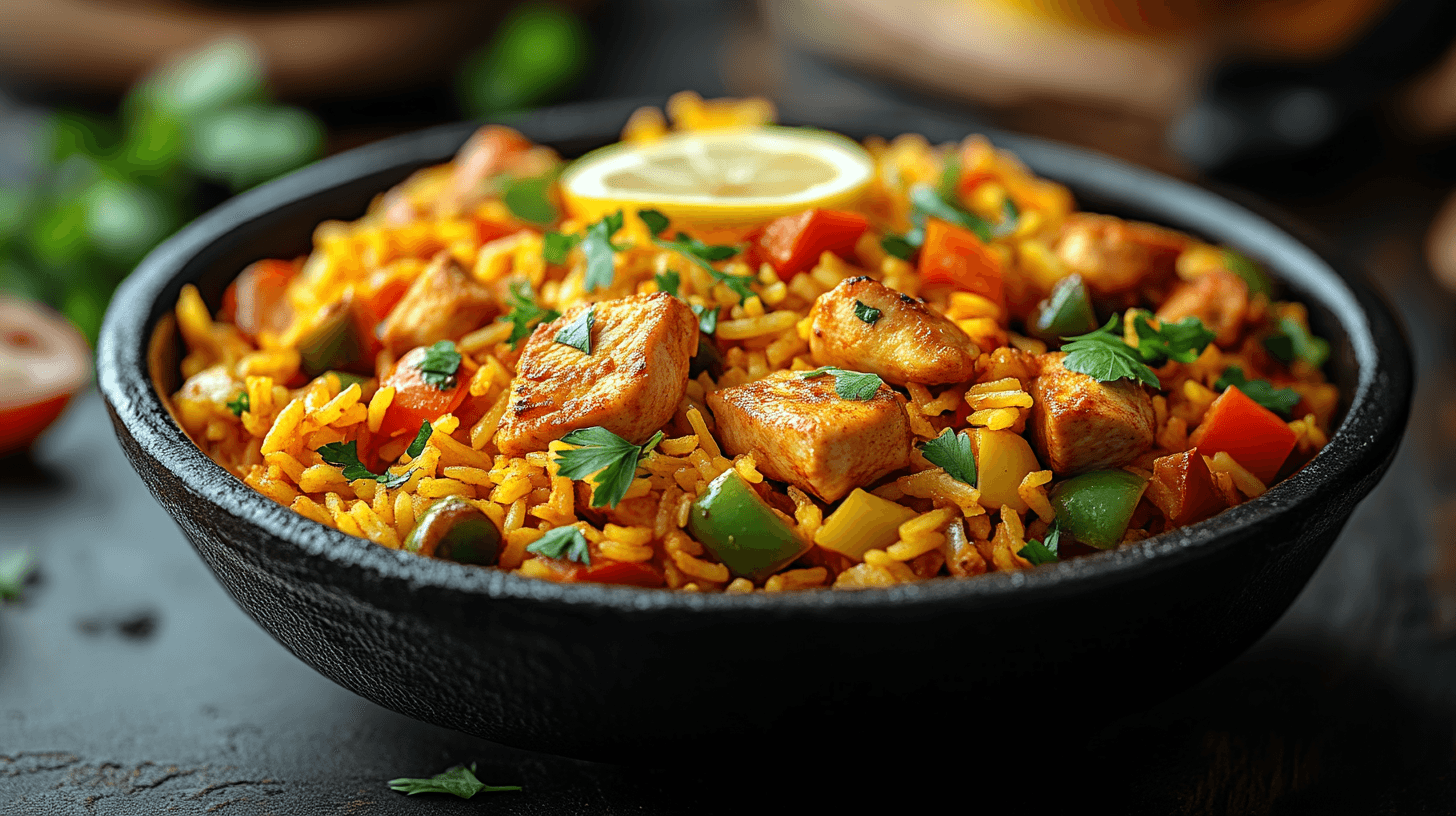 A steaming plate of chicken and yellow rice, featuring golden chicken pieces, fluffy turmeric-infused rice, and vibrant diced bell peppers, garnished with fresh parsley and lemon wedges