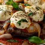 Plated steak pizzaiola with melted mozzarella, fresh basil, and tomato sauce on a rustic plate.