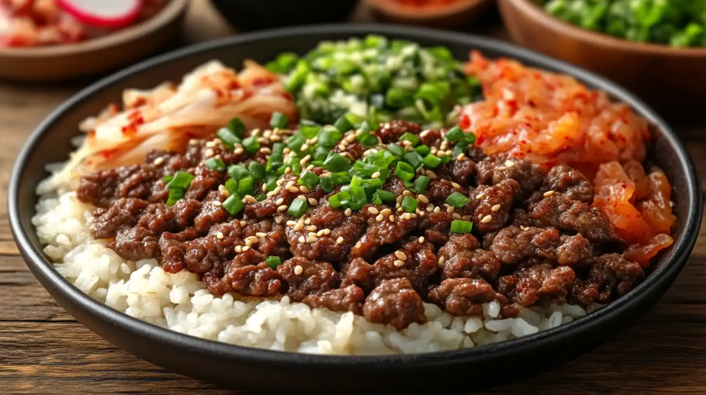 A bowl of ground beef bulgogi garnished with sesame seeds and green onions, served with steamed rice and lettuce wraps on a rustic wooden table.