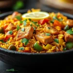 A steaming plate of chicken and yellow rice, featuring golden chicken pieces, fluffy turmeric-infused rice, and vibrant diced bell peppers, garnished with fresh parsley and lemon wedges