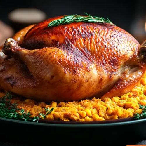 Irresistible Chicken and Dressing recipe to Try Tonight 2 A close-up of golden-brown Southern chicken and dressing served on a rustic plate, garnished with fresh herbs. The cornbread dressing is moist and flavorful, with crispy edges, complementing the tender, juicy roasted chicken.