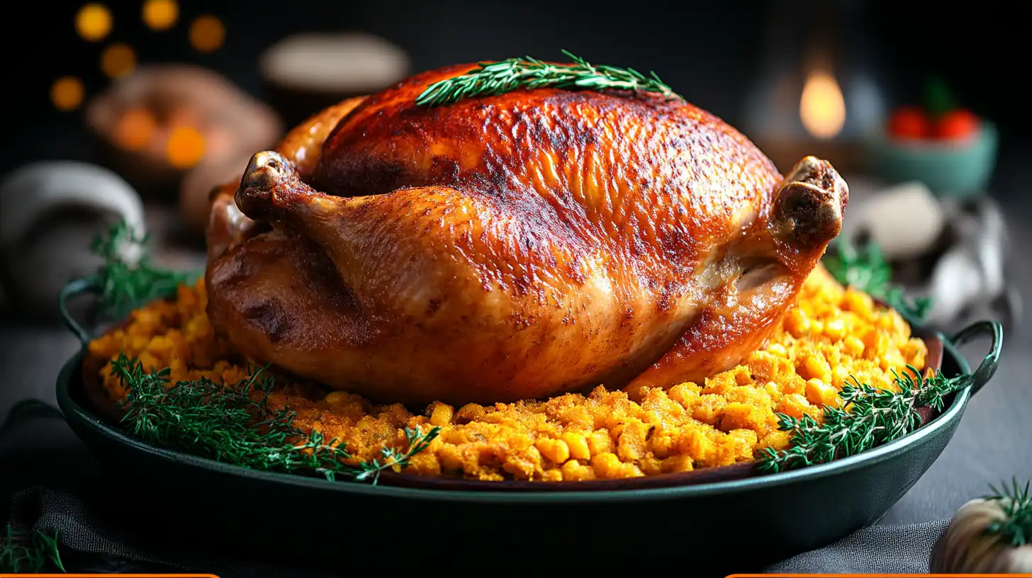 A close-up of golden-brown Southern chicken and dressing served on a rustic plate, garnished with fresh herbs. The cornbread dressing is moist and flavorful, with crispy edges, complementing the tender, juicy roasted chicken.