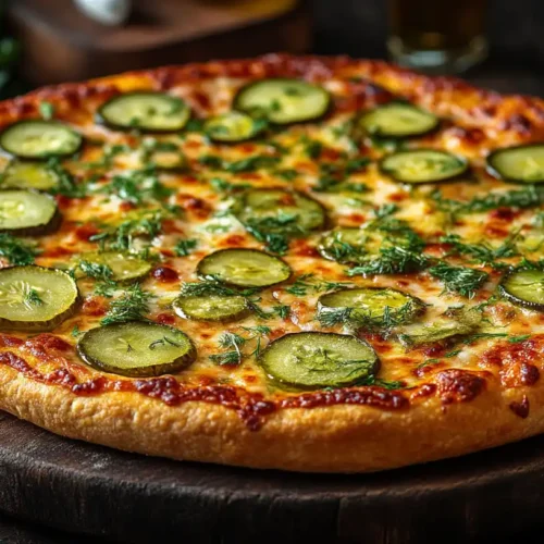 A delicious pickle pie pizza topped with sliced pickles and melted cheese on a wooden table.