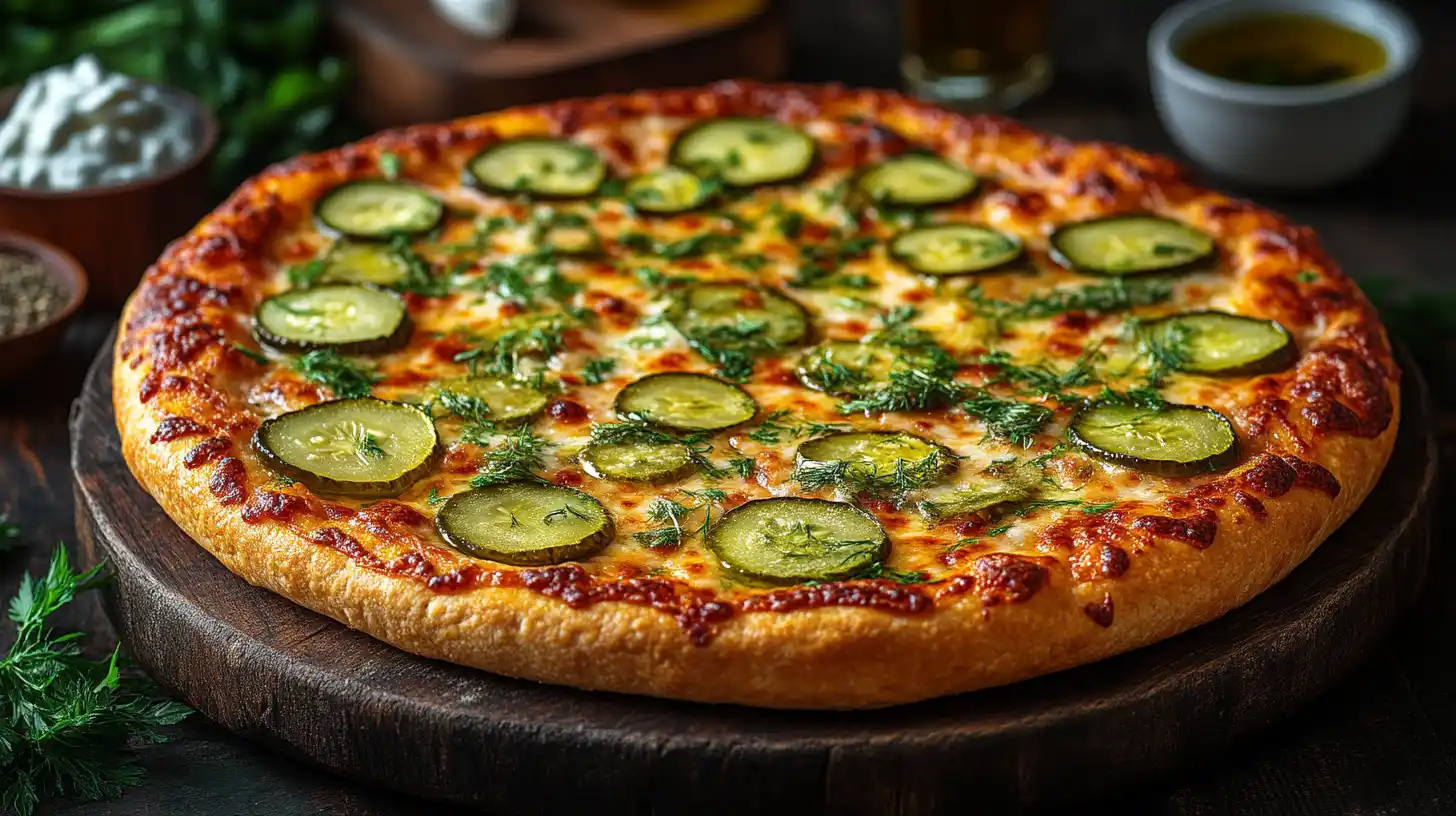 A delicious pickle pie pizza topped with sliced pickles and melted cheese on a wooden table.