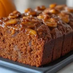 Freshly baked pumpkin banana loaf sliced on a wooden board with a warm, rustic backdrop