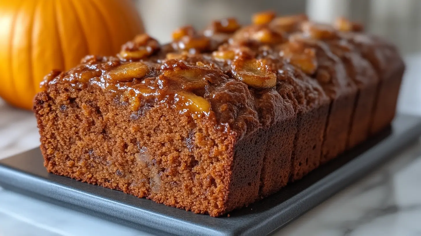 Freshly baked pumpkin banana loaf sliced on a wooden board with a warm, rustic backdrop