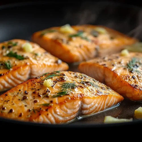 Faroe Island salmon fillet sizzling in a pan with olive oil, garlic, and dill, topped with fresh lemon zest.
