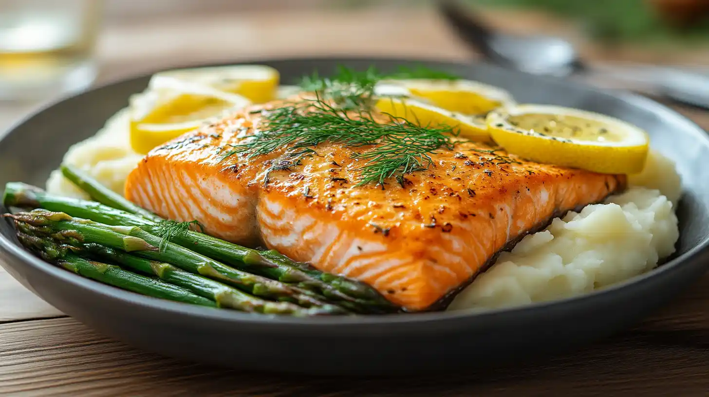 A perfectly seared Faroe Island salmon fillet garnished with fresh dill and lemon slices, served with steamed asparagus and mashed potatoes.