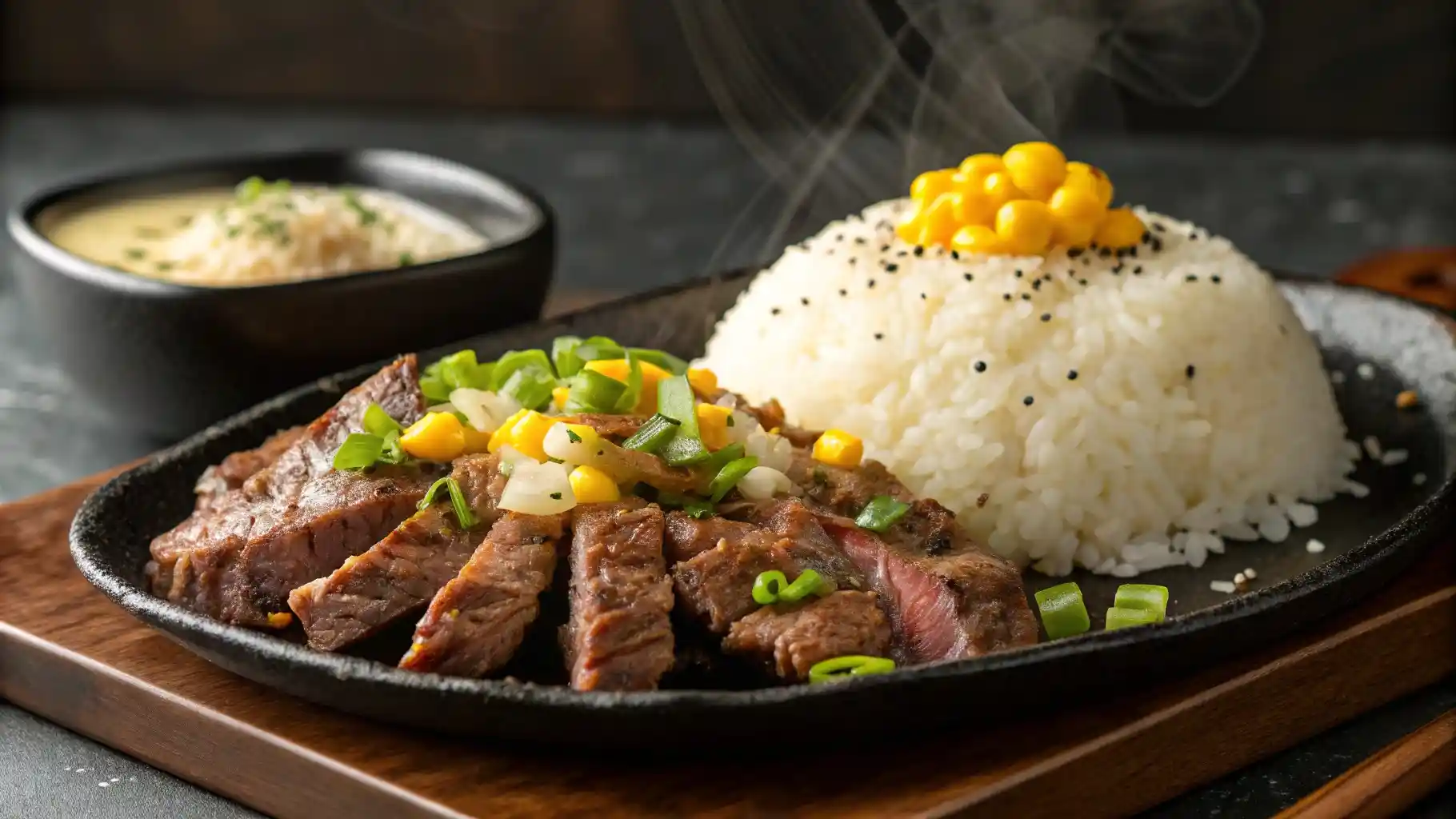 A sizzling plate of Beef Pepper Rice with seared beef, fluffy white rice, black pepper, corn, and melted butter on a cast-iron skillet, garnished with green onions.