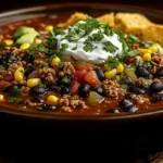 A vibrant bowl of Taco Soup Frios garnished with shredded cheese, sour cream, avocado slices, fresh cilantro, and lime wedges, surrounded by tortilla chips.