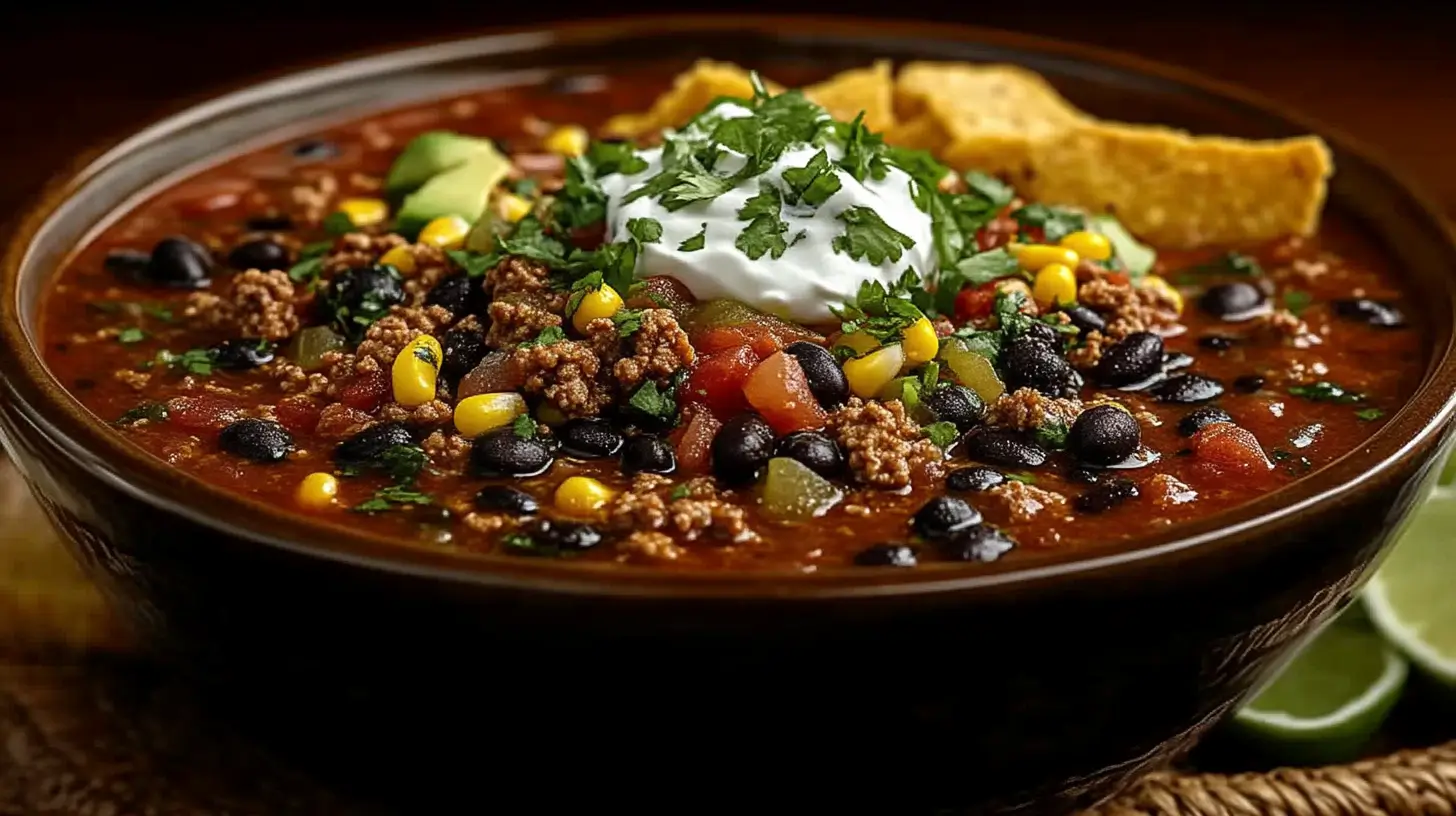 A vibrant bowl of Taco Soup Frios garnished with shredded cheese, sour cream, avocado slices, fresh cilantro, and lime wedges, surrounded by tortilla chips.