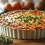 A golden tortilla quiche bake sliced and garnished with fresh parsley, served in a rustic dish on a wooden table with ingredients in the background.