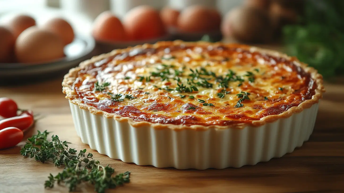 A golden tortilla quiche bake sliced and garnished with fresh parsley, served in a rustic dish on a wooden table with ingredients in the background.