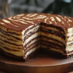 A beautifully sliced zebra cake with chocolate and vanilla striped layers on a wooden platter, surrounded by a cozy kitchen setting.