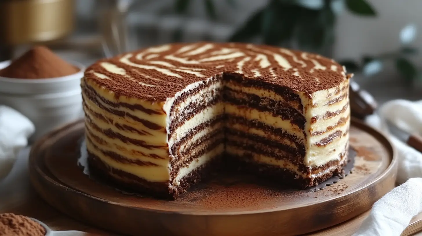 A beautifully sliced zebra cake with chocolate and vanilla striped layers on a wooden platter, surrounded by a cozy kitchen setting.