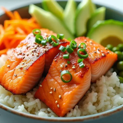A beautifully arranged salmon bowl with seared salmon, fresh vegetables, and rice, garnished with sesame seeds and green onions