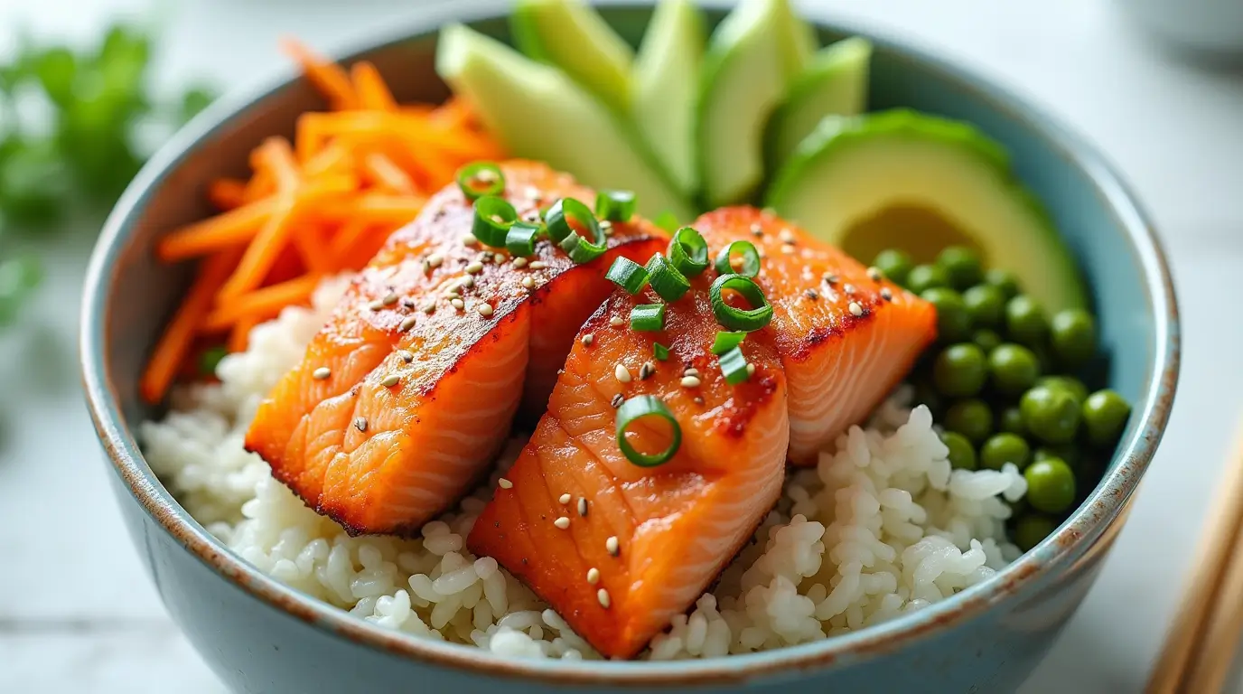 A beautifully arranged salmon bowl with seared salmon, fresh vegetables, and rice, garnished with sesame seeds and green onions