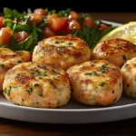 Golden brown old fashioned salmon patties served on a white plate with lemon wedges and fresh herbs.old fashioned salmon patties recipe