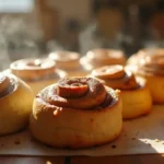 Freshly baked sourdough discard cinnamon rolls with cream cheese frosting melting over the top.