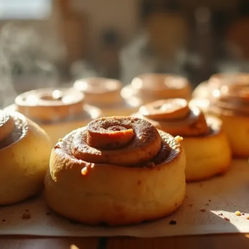 Freshly baked sourdough discard cinnamon rolls with cream cheese frosting melting over the top.