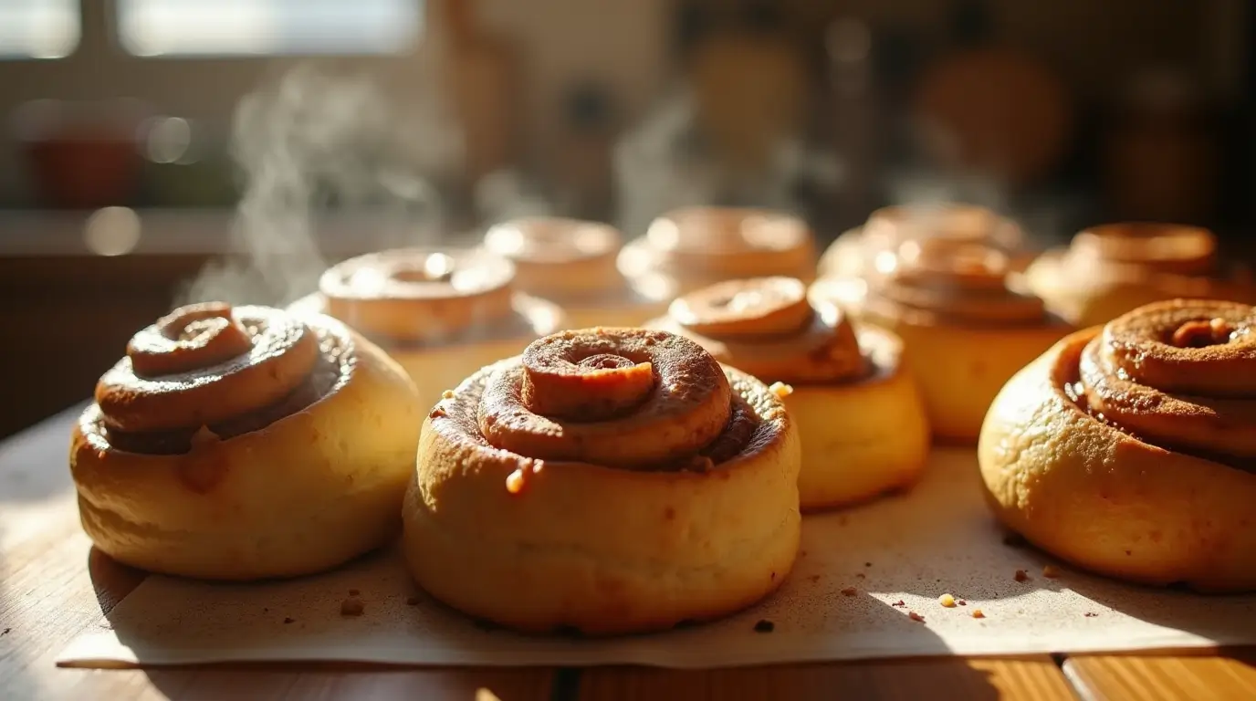 Freshly baked sourdough discard cinnamon rolls with cream cheese frosting melting over the top.