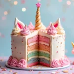 A colorful unicorn cake with pastel layers and whimsical decorations