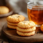 Golden Earl Grey cookies on a rustic wooden table with a cup of tea and loose tea leaves