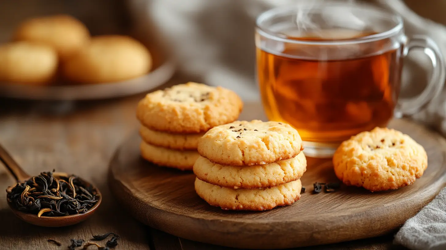 Golden Earl Grey cookies on a rustic wooden table with a cup of tea and loose tea leaves