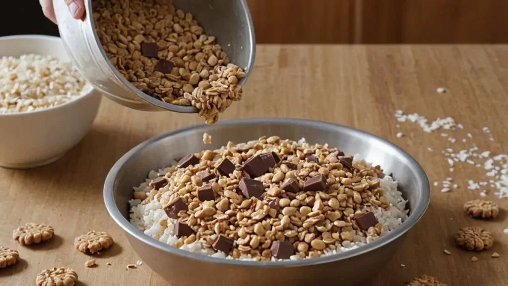 Muddy Buddy Cookies That’ll Make You Smile Big 3 Step-by-step process of making Muddy Buddy Cookies, showing melted chocolate being poured over rice cereal and powdered sugar coating the mix