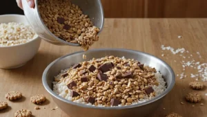 Step-by-step process of making Muddy Buddy Cookies, showing melted chocolate being poured over rice cereal and powdered sugar coating the mix