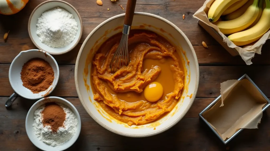 Pumpkin Banana Loaf Recipe You’ll Fall In Love Wit 3 A mixing bowl with mashed bananas, pumpkin puree, and eggs being whisked, surrounded by separate bowls of dry ingredient