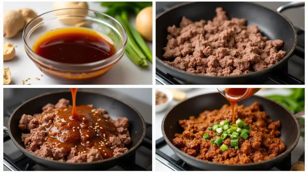 Step-by-step images of making ground beef bulgogi, from whisking the marinade to cooking the beef in a skillet and garnishing with sesame seeds.