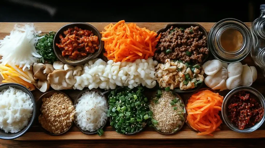 Flat-lay of bulgogi ingredients including ground beef, soy sauce, sesame oil, garlic, ginger, and green onions, neatly arranged on a wooden surface.