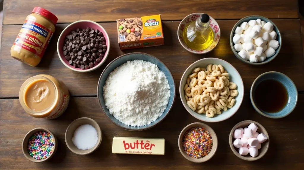 Muddy Buddy Cookies That’ll Make You Smile Big 2 Flat lay of Muddy Buddy Cookie ingredients, including peanut butter, chocolate chips, powdered sugar, rice cereal, butter, and vanilla extract
