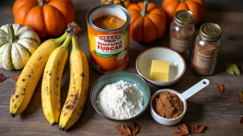Pumpkin Banana Loaf Recipe You’ll Fall In Love Wit 2 All the ingredients for pumpkin banana loaf, including bananas, pumpkin puree, flour, sugar, eggs, and spices, arranged on a kitchen countertop.