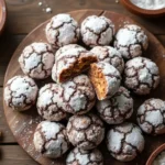 Muddy Buddy Cookies arranged on a rustic wooden table, coated in powdered sugar with chocolate and peanut butter accents visible