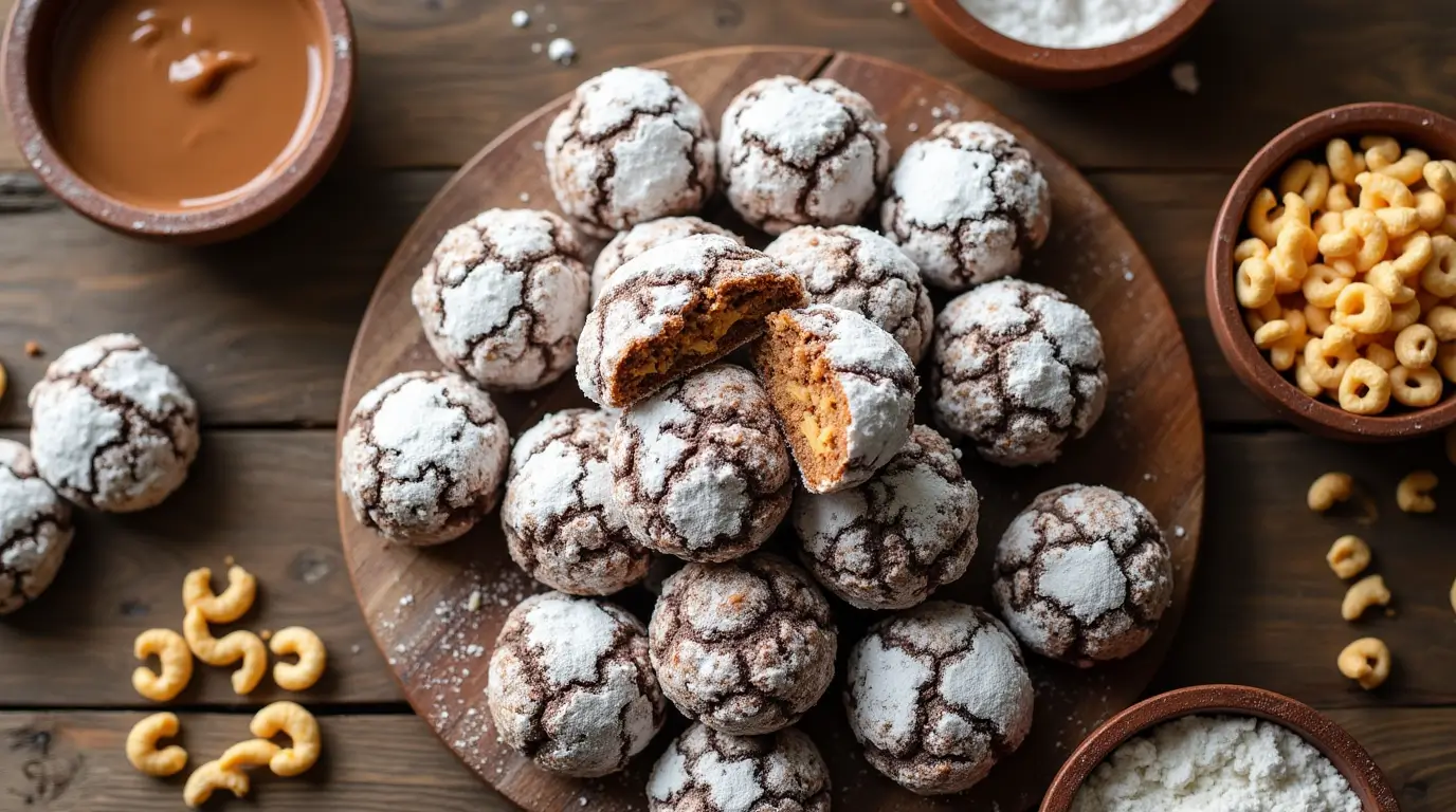 Muddy Buddy Cookies arranged on a rustic wooden table, coated in powdered sugar with chocolate and peanut butter accents visible