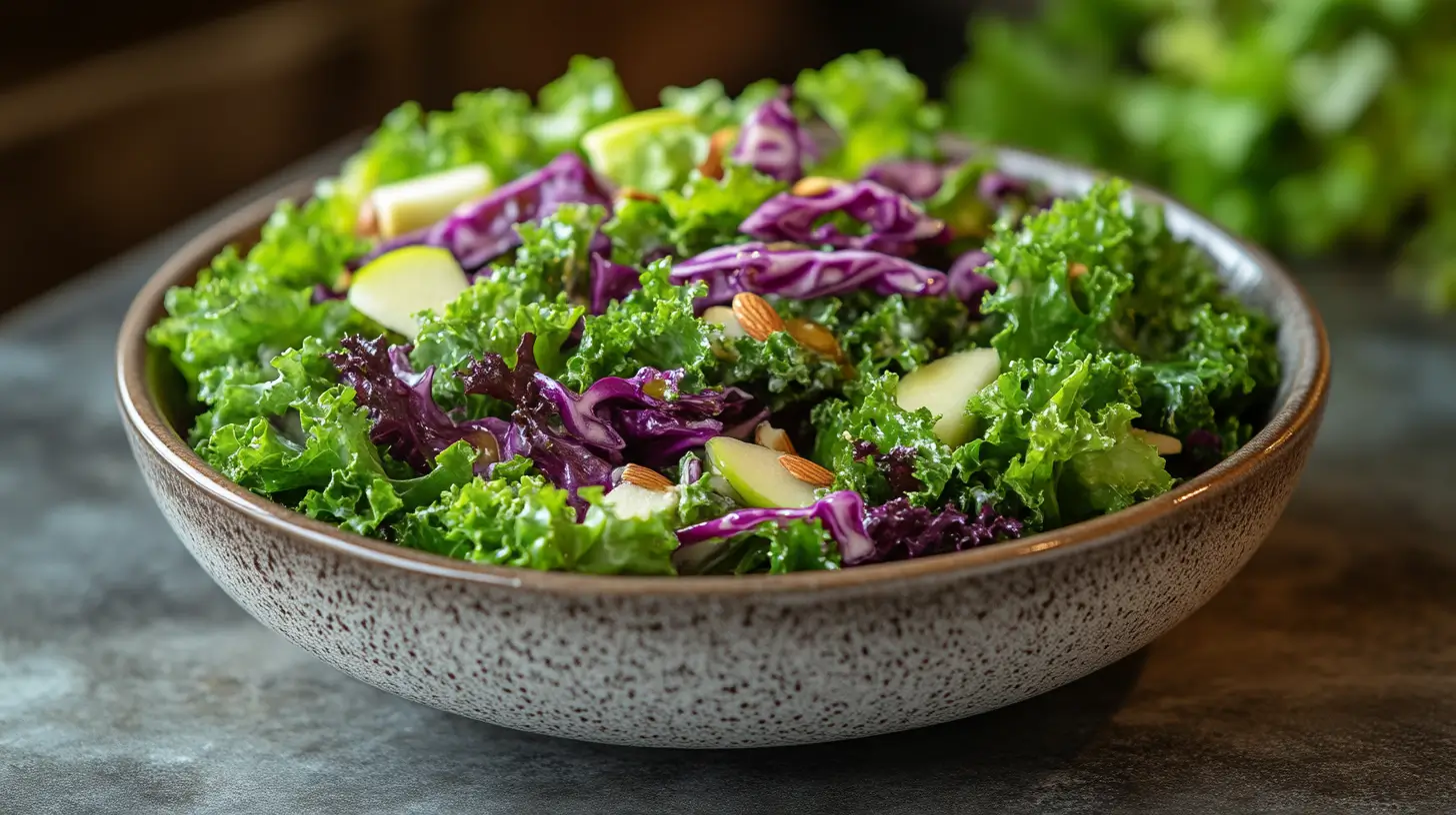 Fresh Chick Fil A kale salad served in a white bowl with honey Dijon dressing drizzle and almonds.
