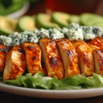 Buffalo chicken salad recipe served in a white bowl with spicy chicken, crisp vegetables, creamy ranch dressing, and crumbled blue cheese.