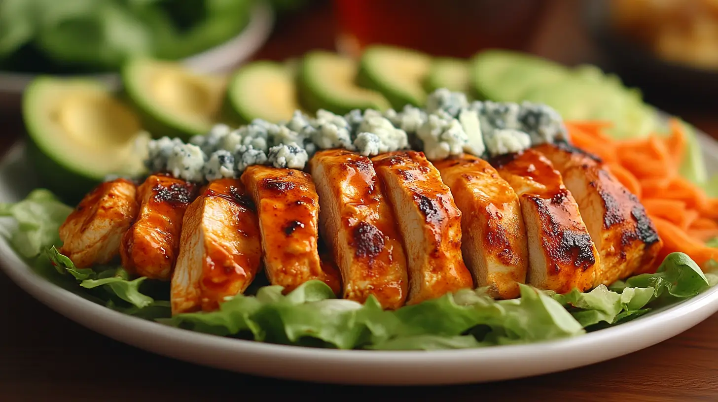Buffalo chicken salad recipe served in a white bowl with spicy chicken, crisp vegetables, creamy ranch dressing, and crumbled blue cheese.