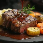 Tender beef cheek meat with rich sauce, mashed potatoes, and roasted vegetables.