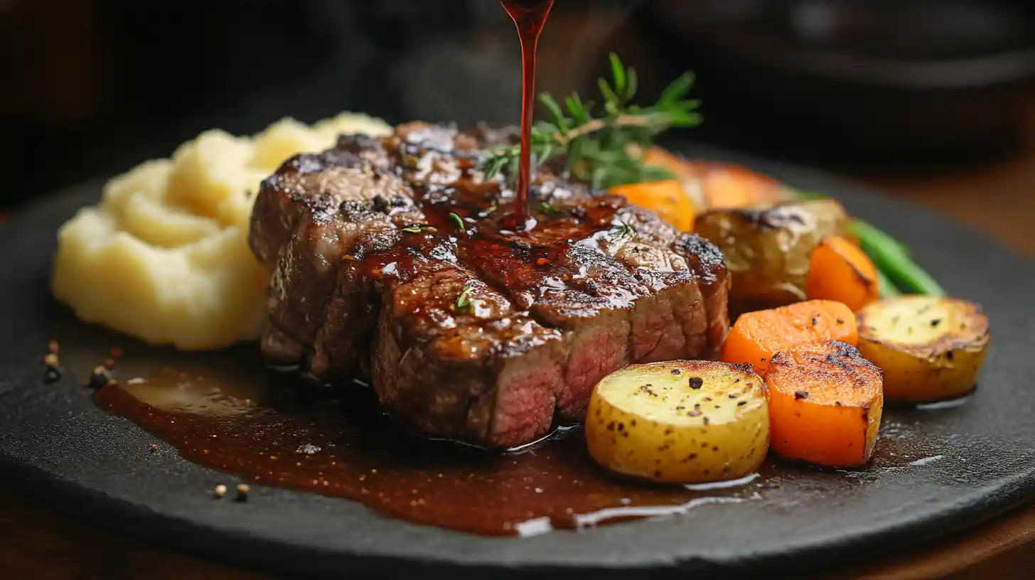 Tender beef cheek meat with rich sauce, mashed potatoes, and roasted vegetables.