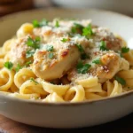 A bowl of creamy chicken pasta with parsley and Parmesan