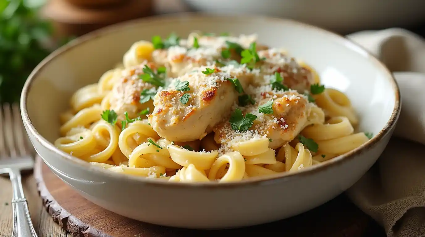 A bowl of creamy chicken pasta with parsley and Parmesan