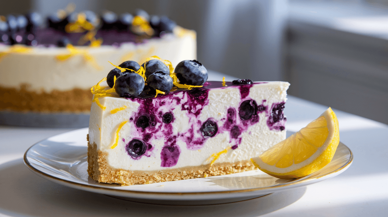 A creamy lemon blueberry cheesecake topped with fresh blueberries on a white cake stand.