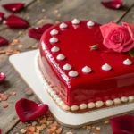 Heart-shaped cake adorned with intricate buttercream roses