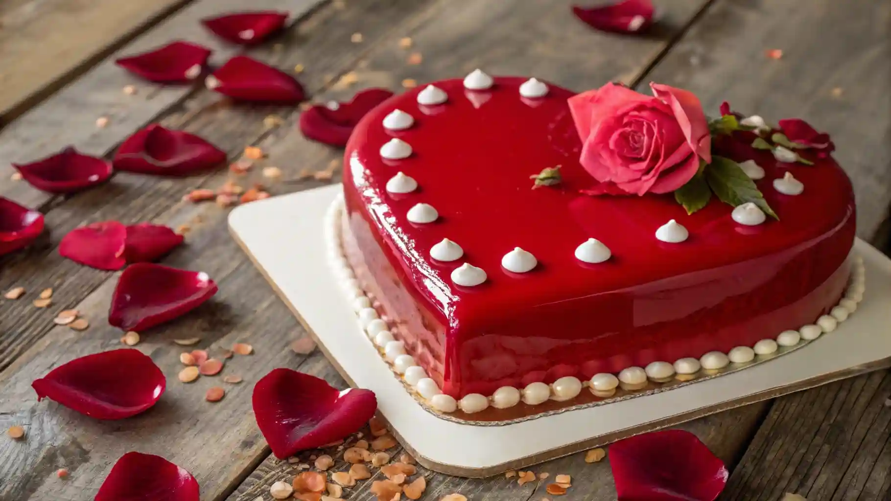 Heart-shaped cake adorned with intricate buttercream roses