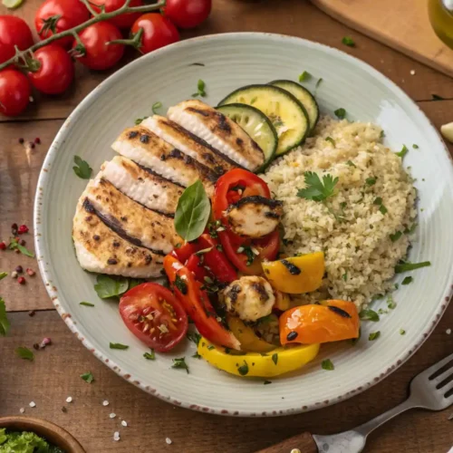 A plated meal with grilled chicken, roasted vegetables, and quinoa, representing Justalittlebite Recipes.