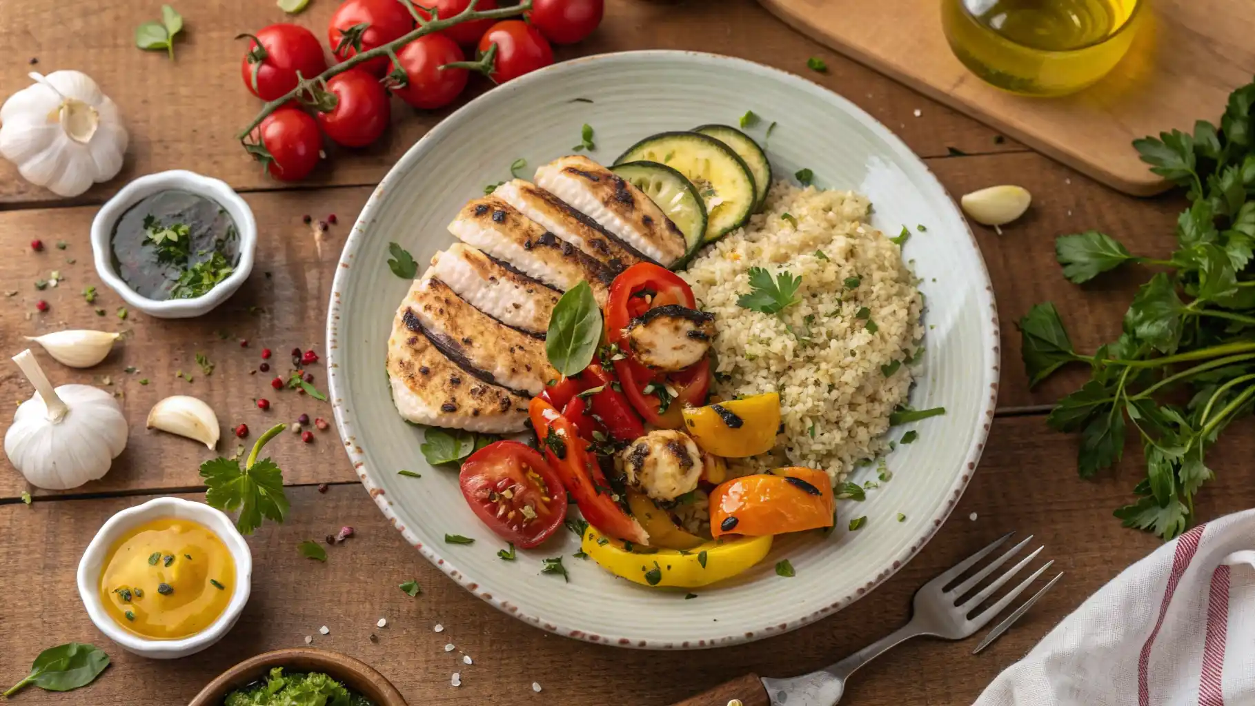 A plated meal with grilled chicken, roasted vegetables, and quinoa, representing Justalittlebite Recipes.