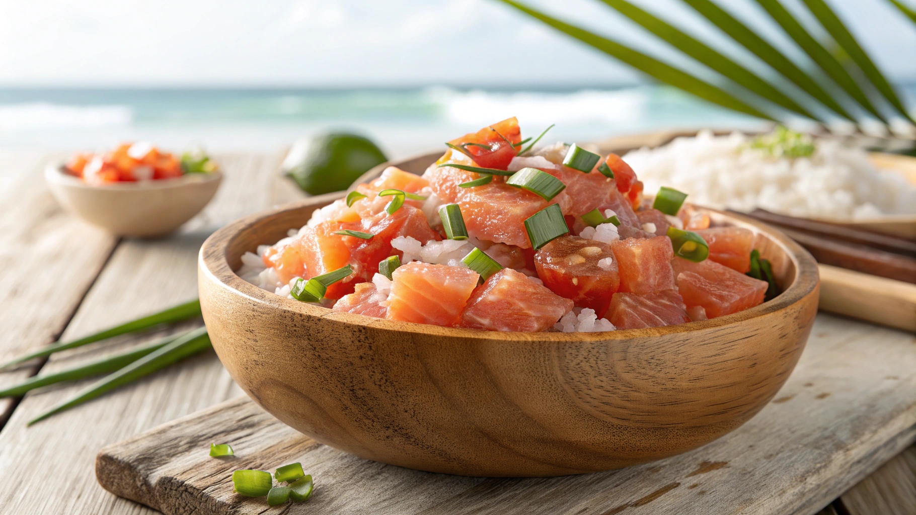 A bowl of Lomi Lomi Salmon with diced salmon, tomatoes, onions, and green onions